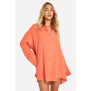 Robe Chemise À Manches Larges Effet Lin - Orange - 36, Orange