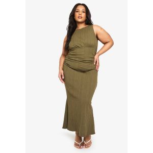 Robe Midaxi Grande Taille En Coton Côtelé Froncé, Coupe Colonne - Vert Olive - 52, Vert Olive