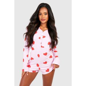 Heart Print Button Front Romper - Rose - 44, Rose