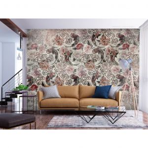 Papier peint adhésif Fonds et dessins : Abstraction lacustre - ornements avec des poissons et des fleurs