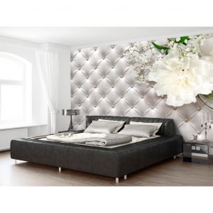 Papier peint adh&eacute;sif Capitonn&eacute;: Luxe nacr&eacute; - fleurs blanches sur fond avec texture de cuir piqu&eacute;