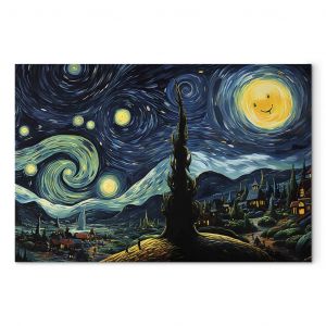 Tableau d&eacute;co Starry Night - A Landscape in the Style of Van Gogh With a Smiling Moon