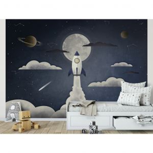 Papier peint adhésif Pour enfants : Voyage dans l'espace - fusée avec des planètes et des étoiles
