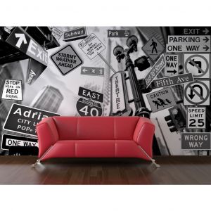 Papier peint moderne New York - motif en noir et blanc de panneaux de signalisation