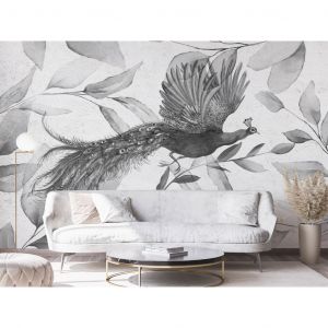 Papier peint adhésif Animaux: Oiseau parmi les feuilles - motif végétal noir et blanc avec un paon