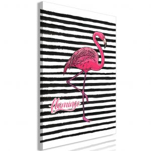 Tableau décoratif Flamingo (1 pièce) - flamant rose sur fond de rayures noir et blanc