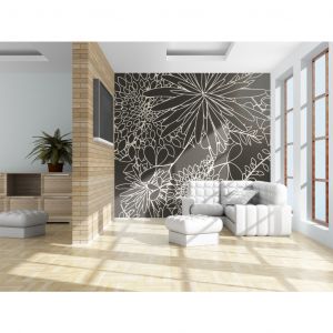 Papier peint moderne Motif floral noir et blanc - contours blancs de plantes