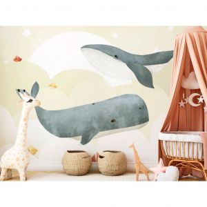 Papier peint adhésif Pour enfants : Des baleines et des orques - la troisième variante avec étoiles, nuages, bateau et océan pour enfants sur le fond jaune