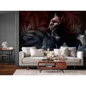 Papier peint Motif animal - chat noir entouré de feuilles et fleurs rouges