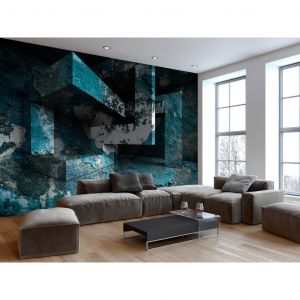 Papier peint adhésif Géométrique: Labyrinthe bleu - fond industriel avec texture métallique et effet 3D