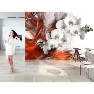 Papier peint Fleurs en feu - orchidée en noir et blanc avec motif de fumée orange