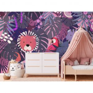 Papier peint adhésif Pour enfants : Jungle - thème animalier dans des nuances de violet et de rose