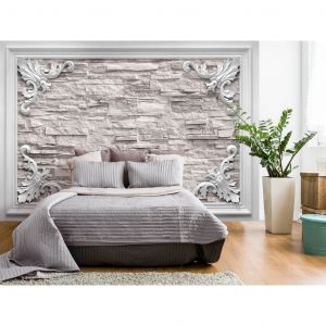 Papier peint adh&eacute;sif Brique: Cadre avec ornements - motif de brique blanche enferm&eacute; dans un cadre