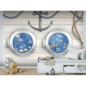 Papier peint adhésif Pour enfants : Aventure de marin - motif de poissons colorés et d'un navire blanc