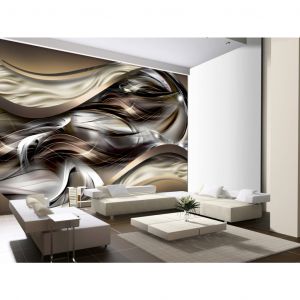 Papier peint moderne Abstraction moderne - vagues ambre sur fond avec effet métallique