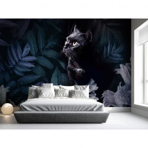 Papier peint moderne Motif animal - chat noir entour&eacute; de feuilles et fleurs bleues