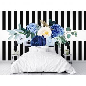 Papier peint Bonne série - motif de fleurs bleues sur un fond en noir et blanc
