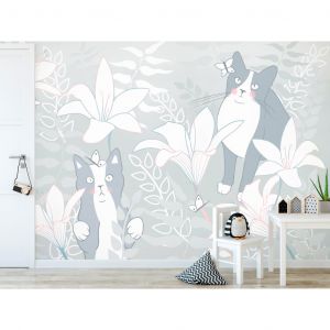 Papier peint Les joies du chat - une graphique grise et blanche pour enfants