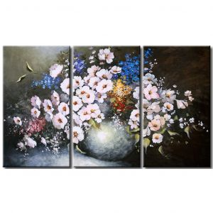 Tableau sur toile Fleurs dans un pichet (3 pi&egrave;ces) - Nature morte avec fleurs color&eacute;es