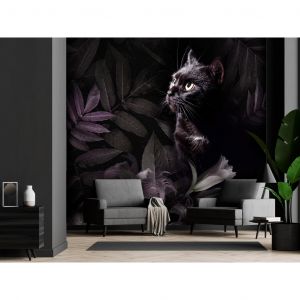 Papier peint moderne Motif animal - chat noir avec fleurs et feuilles dans couleurs sobres