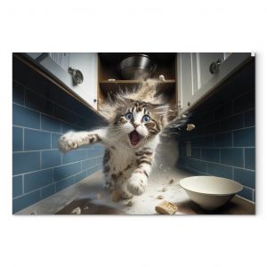 Tableau déco AI Cat - Animal Escaping From the Kitchen After Breaking Supplies - Horizontal