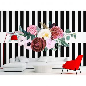 Papier peint moderne Bonne série - motif de fleurs roses sur un fond en noir et blanc