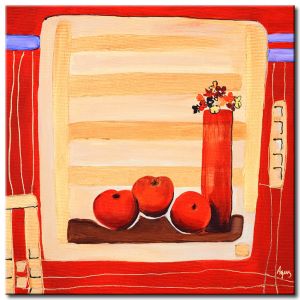 Tableau contemporain Nature morte (1 pi&egrave;ce) - Composition de pommes et de fleurs