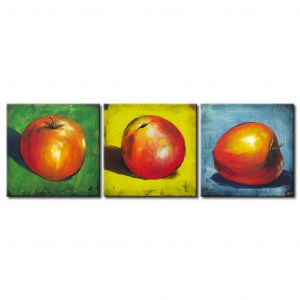 Tableau tendance Nature morte (3 pi&egrave;ces) - Motif de pommes rouges sur fond color&eacute;