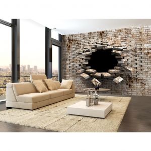 Papier peint Passage &agrave; travers un mur 3D - fond de briques blanches