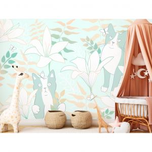 Papier peint Curiosité du chat - une graphique aux couleurs vertes et jaunes