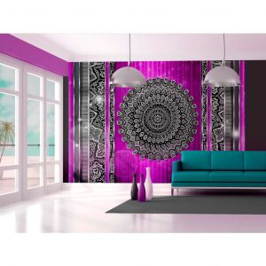 Papier peint Abstraction - ornements sombres avec effet métallique sur fond violet