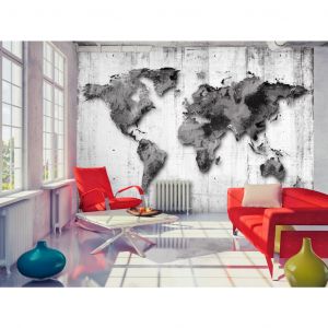 Papier peint Monde en nuances de gris - carte du monde sur fond en bois rétro