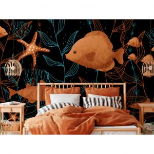 Papier peint adhésif Animaux: Poissons dans l'océan - animaux entourés de plantes sur fond noir