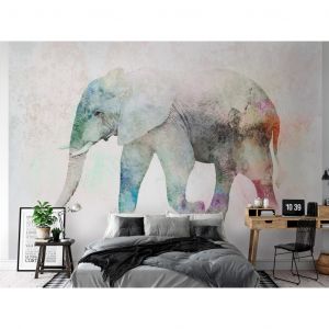 Papier peint moderne Animaux africains - éléphant sur fond à texture avec un accent coloré
