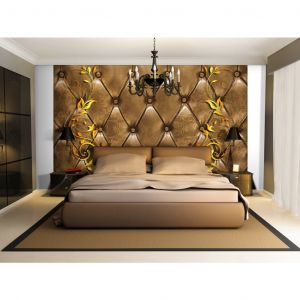 Papier peint adh&eacute;sif Capitonn&eacute;: Motif &eacute;l&eacute;gant - texture de cuir avec motifs dor&eacute;s et fleurs