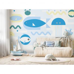 Papier peint adhésif Pour enfants : Animaux dans la mer - poissons bleus géométriques dans l'eau