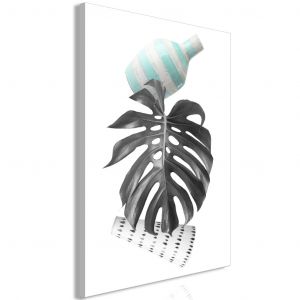 Tableau d&eacute;co Une feuille de monstera artistique - une nature morte abstraite avec une feuille de monstera et deux vases sur un fond blanc