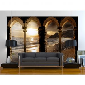 Papier peint adh&eacute;sif Mer: Architecture en bord de mer - paysage marin au coucher de soleil