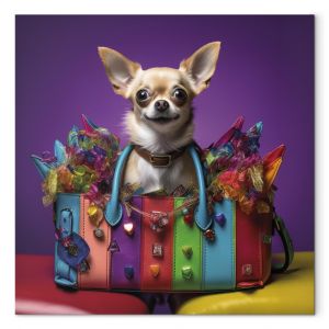 Tableau sur toile AI Chihuahua Dog - Tiny Animal in a Colorful Bag - Square