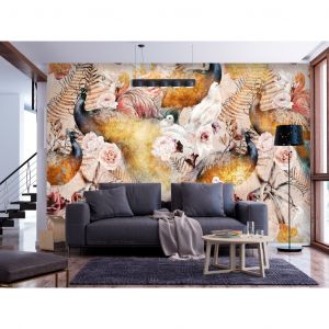 Papier peint adh&eacute;sif Fleurs : &Egrave;re dor&eacute;e - nature avec motif de fleurs color&eacute;es et oiseaux vari&eacute;s