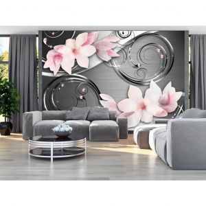 Papier peint Motif floral - fleurs roses de magnolia sur fond avec effet métallique