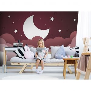 Papier peint adhésif Pour enfants : Rêve de lune - nuages dans un ciel bleu marine avec des étoiles