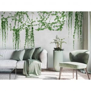 Papier peint moderne Lierre - des plantes sur un fond imitant un mur de briques blanc