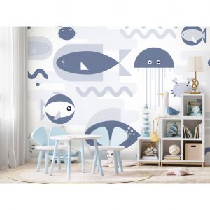 Papier peint adhésif Pour enfants : Océan minimaliste - poissons géométriques et crabes dans l'eau