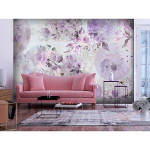 Papier peint adhésif Fleurs : Jardin violet - fleurs et cercles avec des motifs peints à l'aquarelle