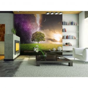 Papier peint adh&eacute;sif Fantaisie: Fantaisie sur la nature - arbre sur une prairie parmi les &eacute;toiles
