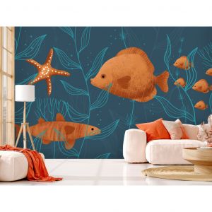 Papier peint adhésif Animaux: Poissons dans l'océan - animaux entourés de plantes sur fond bleu