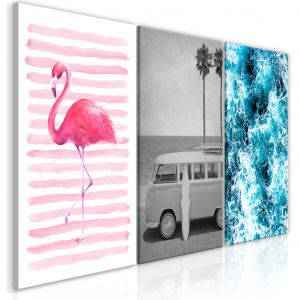 Toile murale Symboles de Miami - flamant rose, vieille voiture et planche de surf