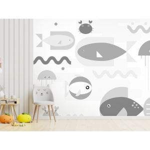 Papier peint adhésif Pour enfants : Océan gris minimaliste - poissons géométriques dans l'eau