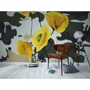 Papier peint moderne Fraîchement peint - motif de coquelicots jaunes sur fond abstrait